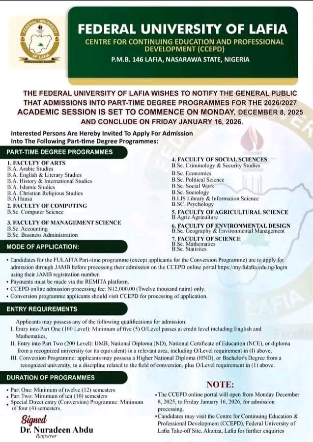Federal University lafia school Announcement